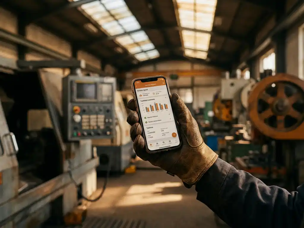 Servicetechniker hält Smartphone mit digitalem Wartungsbericht vor Industriemaschinen in Werkstatt