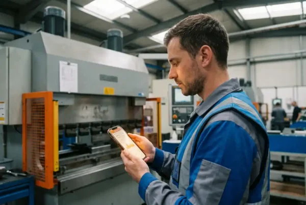 Servicetechniker mit Smartphone zeigt Betriebsdaten vor Industriemaschine in Produktionshalle