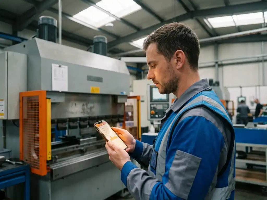 Servicetechniker mit Smartphone zeigt Betriebsdaten vor Industriemaschine in Produktionshalle