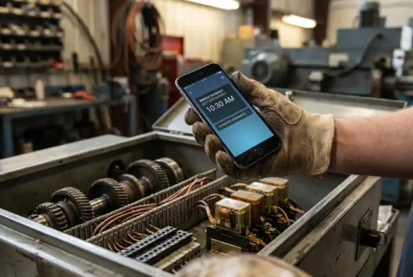 Servicetechniker hält Smartphone mit Terminplanungs-App über offener Industriemaschine mit Kupferverkabelung