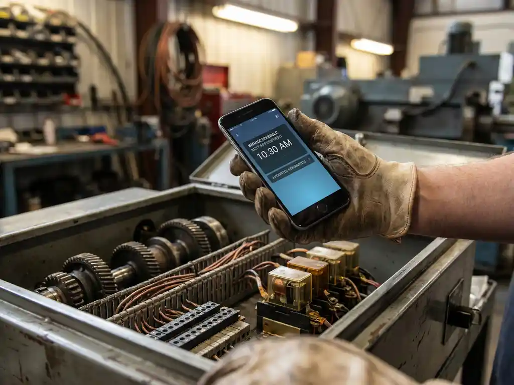 Servicetechniker hält Smartphone mit Terminplanungs-App über offener Industriemaschine mit Kupferverkabelung
