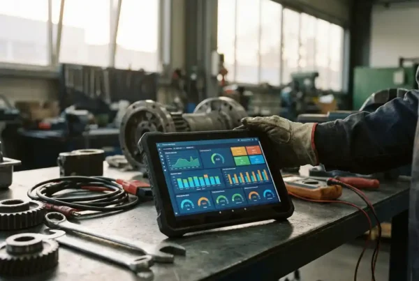 Servicetechniker hält Tablet mit Analytics-Dashboards auf Werkbank mit Industriemaschinen und Diagnosewerkzeugen