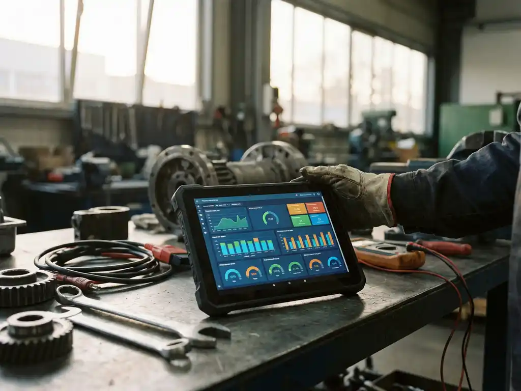 Servicetechniker hält Tablet mit Analytics-Dashboards auf Werkbank mit Industriemaschinen und Diagnosewerkzeugen