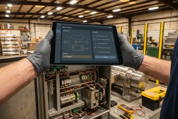 Servicetechniker hält Tablet mit digitaler Arbeitsauftrag-Oberfläche über offener Industriemaschine mit Kupferkabeln und Werkzeugen