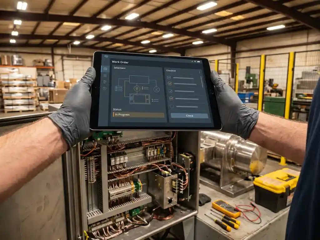 Servicetechniker hält Tablet mit digitaler Arbeitsauftrag-Oberfläche über offener Industriemaschine mit Kupferkabeln und Werkzeugen