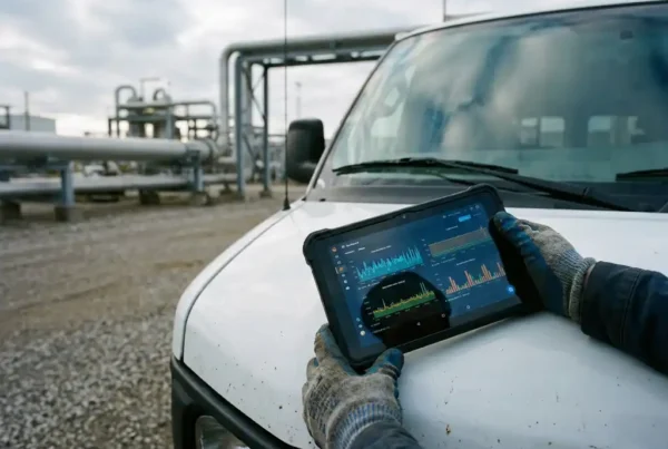 Servicetechniker mit Tablet zeigt Leistungsgrafiken auf weißem Servicefahrzeug vor Industrieanlage
