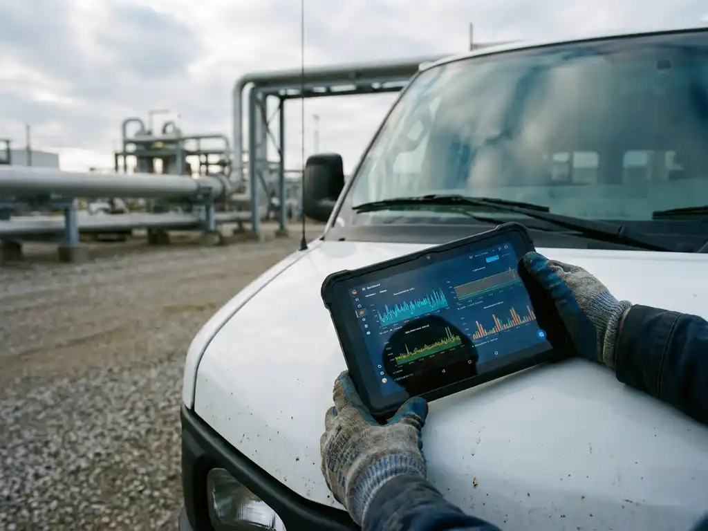 Servicetechniker mit Tablet zeigt Leistungsgrafiken auf weißem Servicefahrzeug vor Industrieanlage