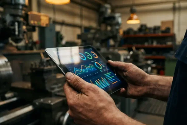 Servicetechniker hält Tablet mit Dashboard-Grafiken in Industriewerkstatt mit Maschinen im Hintergrund