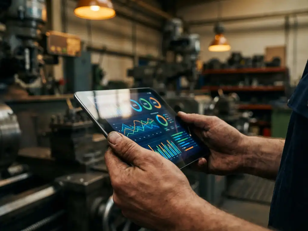 Servicetechniker hält Tablet mit Dashboard-Grafiken in Industriewerkstatt mit Maschinen im Hintergrund