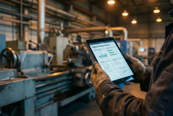 Servicetechniker hält Tablet mit digitalem Servicebericht in Industriehalle mit Fertigungsanlagen