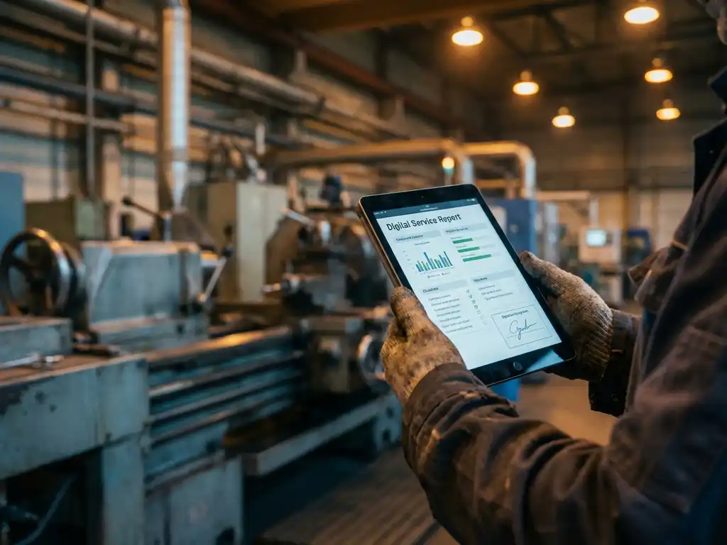 Servicetechniker hält Tablet mit digitalem Servicebericht in Industriehalle mit Fertigungsanlagen
