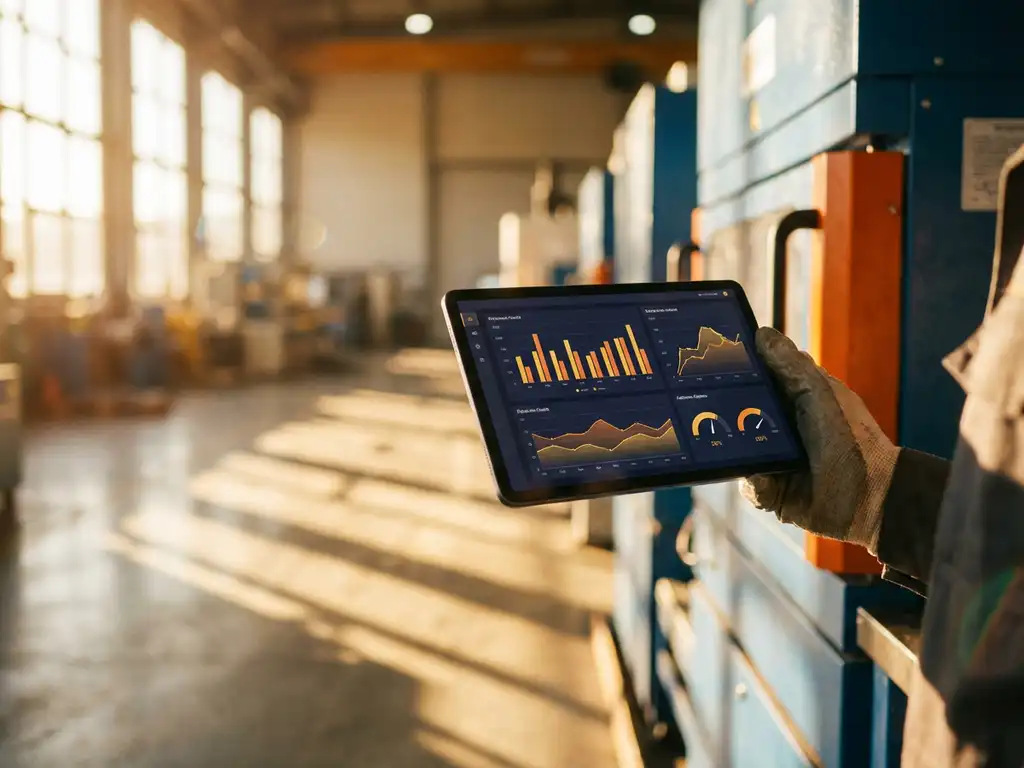 Servicetechniker hält Tablet mit Datenvisualisierung neben Industriemaschine in moderner Fabrikhalle bei Nachmittagslicht