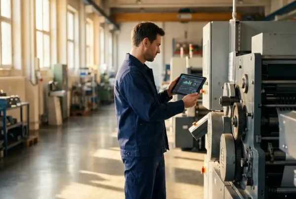 Servicetechniker mit Tablet neben Industriemaschine in heller Fabrikhalle mit Tageslicht
