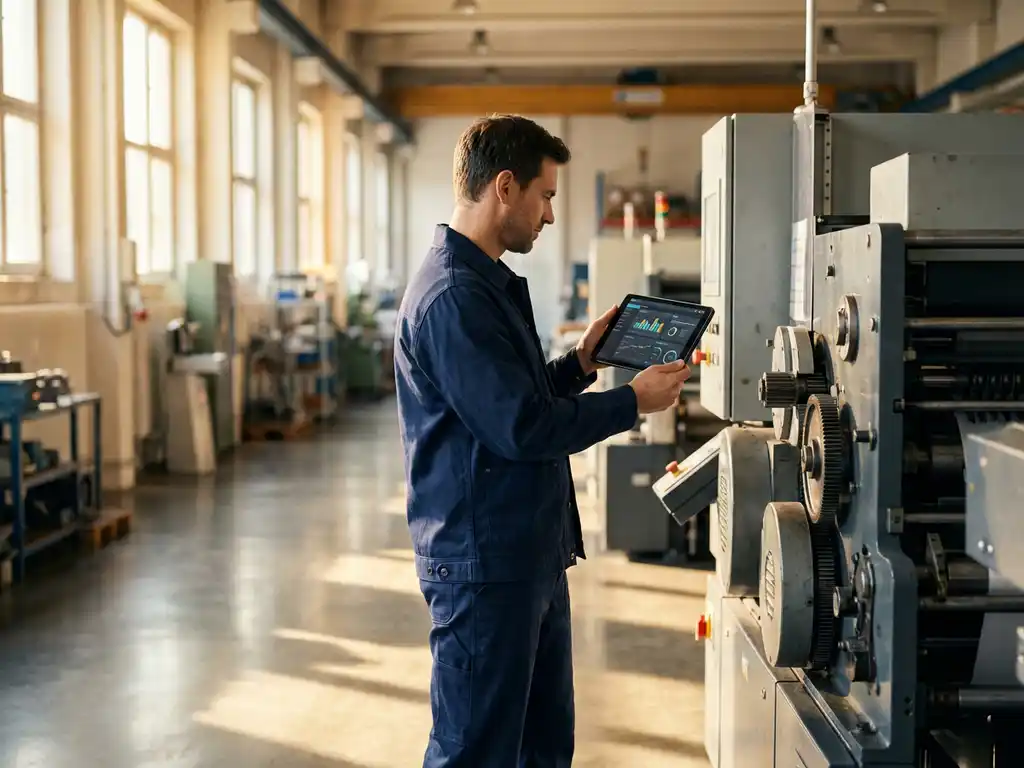 Servicetechniker mit Tablet neben Industriemaschine in heller Fabrikhalle mit Tageslicht