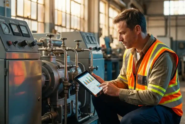 Servicetechniker mit Tablet analysiert Daten neben Industriemaschine in Werkstatt mit natürlichem Licht