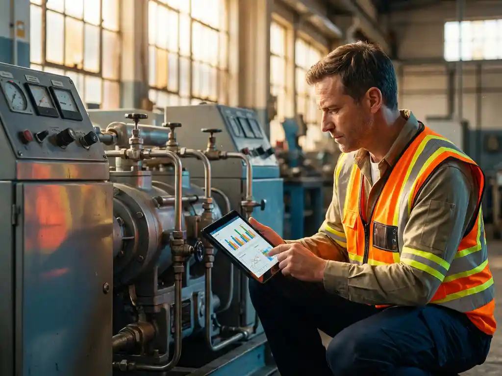 Servicetechniker mit Tablet analysiert Daten neben Industriemaschine in Werkstatt mit natürlichem Licht