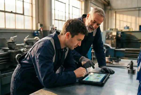 Außendiensttechniker mit Tablet am Arbeitstisch, Kollege zeigt auf Dashboard-Interface in Industriewerkstatt