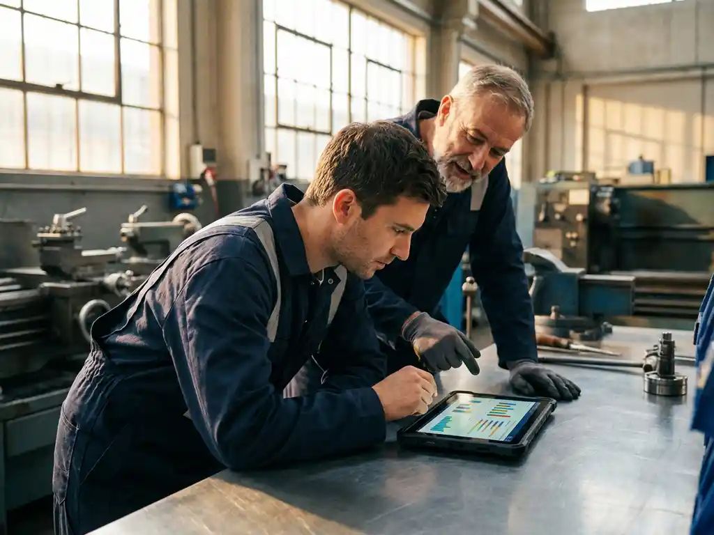 Außendiensttechniker mit Tablet am Arbeitstisch, Kollege zeigt auf Dashboard-Interface in Industriewerkstatt