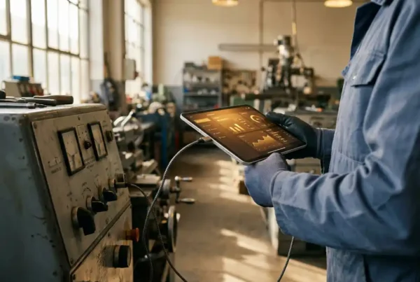 Techniker verbindet modernes Tablet mit digitalem Dashboard an traditionelles industrielles Bedienfeld mit analogen Anzeigen in Fertigungswerkstatt