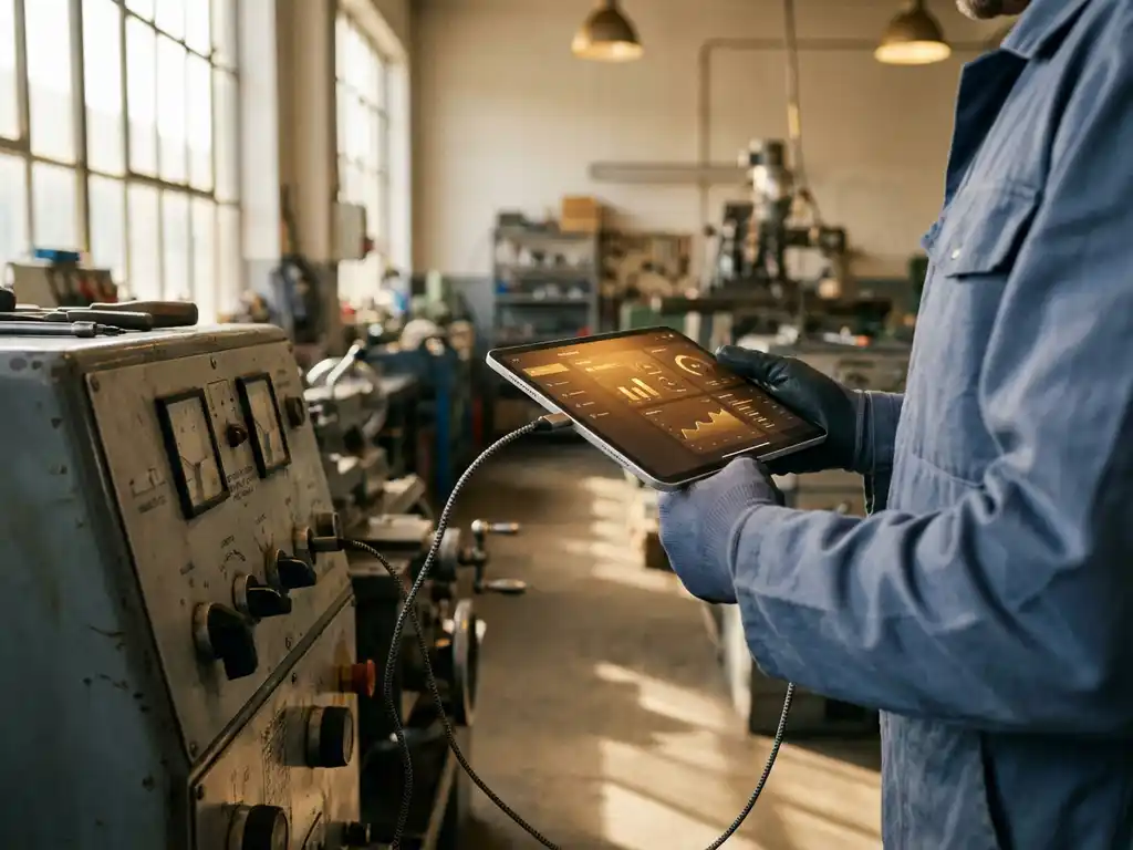 Techniker verbindet modernes Tablet mit digitalem Dashboard an traditionelles industrielles Bedienfeld mit analogen Anzeigen in Fertigungswerkstatt