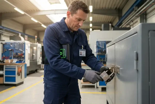 Servicetechniker sichert industriellen Geräteschrank mit Vorhängeschloss in moderner Fertigungshalle