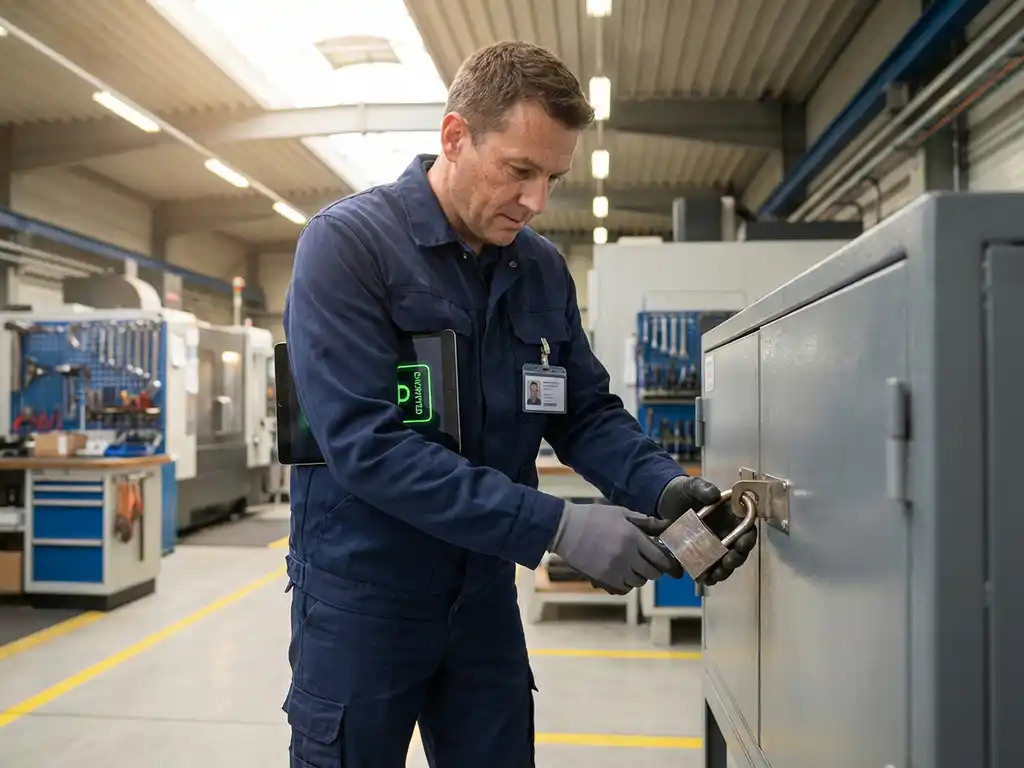 Servicetechniker sichert industriellen Geräteschrank mit Vorhängeschloss in moderner Fertigungshalle
