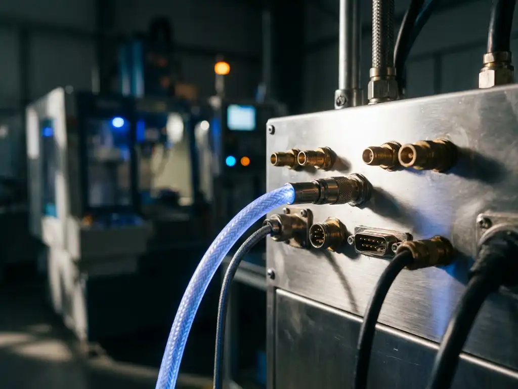 Industrielles Steuerungspanel mit Messinganschlüssen und leuchtendem blauem Datenkabel in moderner Produktionshalle