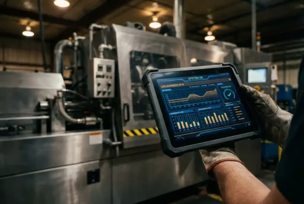 Servicetechniker hält robustes Industrie-Tablet mit Live-Diagnosedaten vor Fertigungsmaschine mit Rohrleitungen und Bedienfeldern