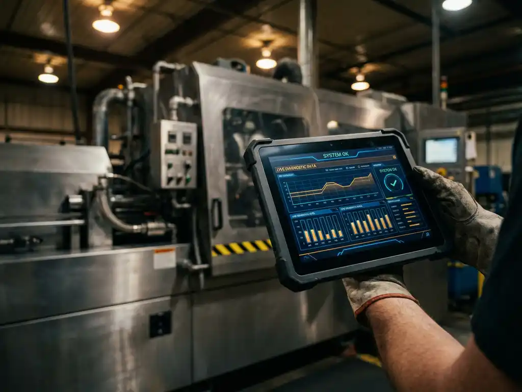 Servicetechniker hält robustes Industrie-Tablet mit Live-Diagnosedaten vor Fertigungsmaschine mit Rohrleitungen und Bedienfeldern
