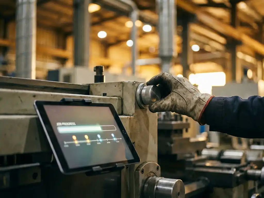 Servicetechniker justiert Präzisionsregler an Industriemaschine, Tablet zeigt digitale Fortschrittsanzeige, Fabrikhalle