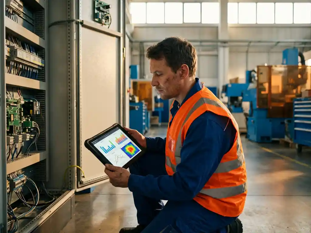Servicetechniker mit Tablet analysiert Maschinendaten in moderner Produktionshalle mit Tageslicht