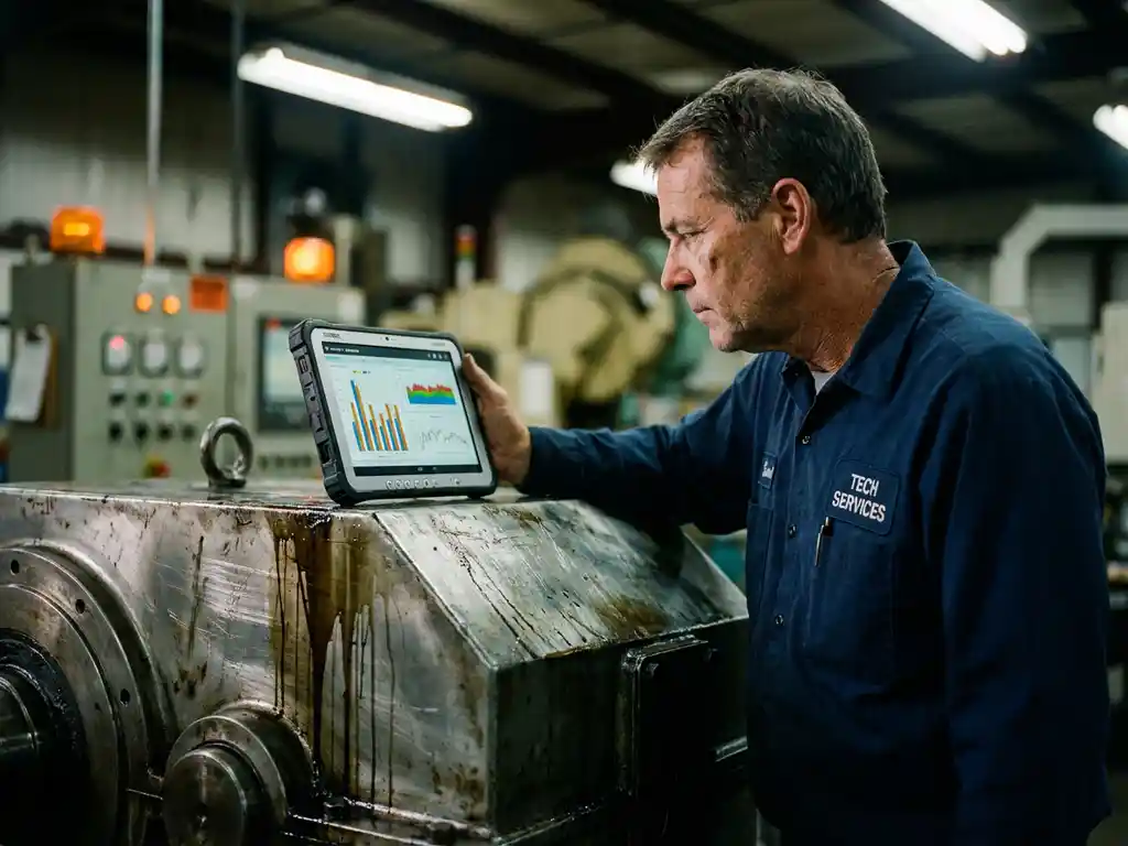 Techniker in Arbeitskleidung untersucht Industriemaschine mit Tablet, das Diagnosegrafiken zeigt, unter Werkstattbeleuchtung