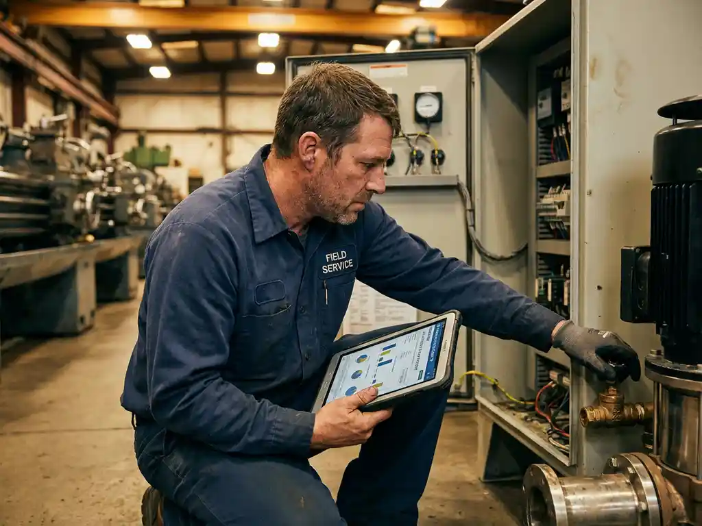 Servicetechniker mit Tablet diagnostiziert industrielle Maschine, justiert Messingventil in Werkstatt