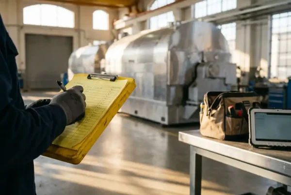 Servicetechniker hält gelbe Checkliste vor Industriemaschine in sonnendurchfluteter Fabrikhalle