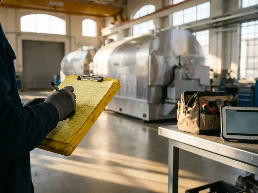 Servicetechniker hält gelbe Checkliste vor Industriemaschine in sonnendurchfluteter Fabrikhalle