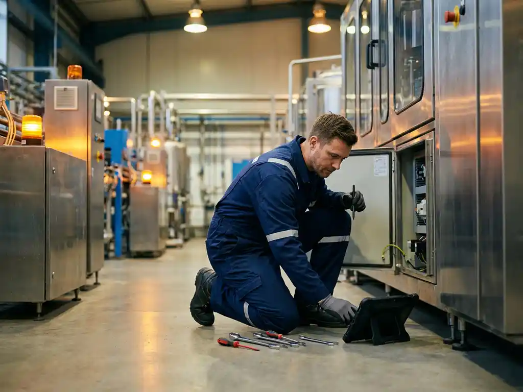 Servicetechniker in Marineblau kniet neben offener Maschinentafel, organisiert Werkzeuge und Tablet auf Fabrikboden