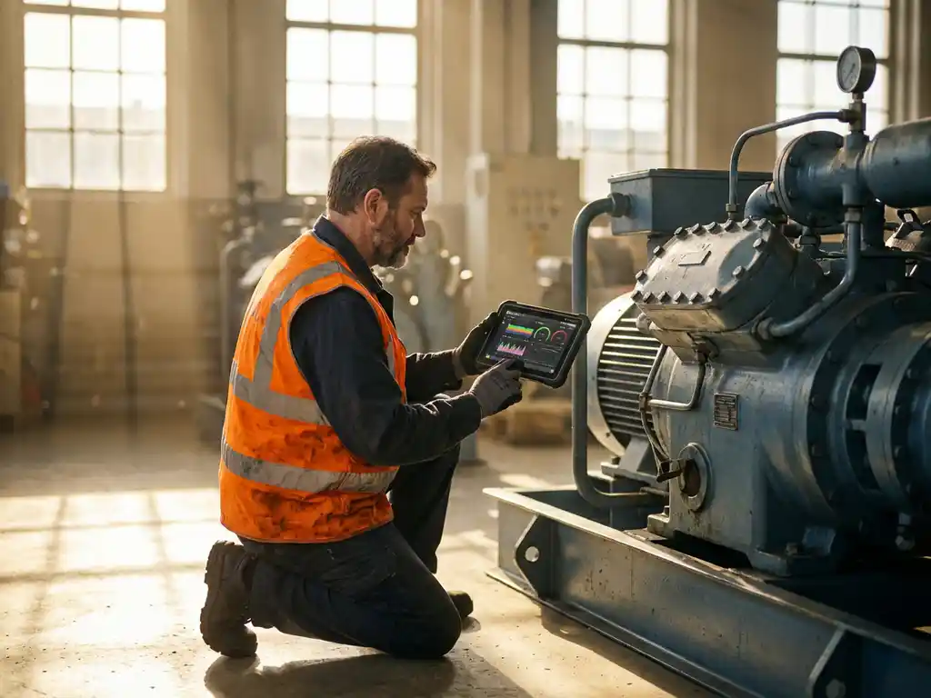 Servicetechniker in orangefarbener Warnweste kniet neben Industriemaschine und hält Tablet mit Diagnosedaten in sonnendurchfluteter Fabrikhalle