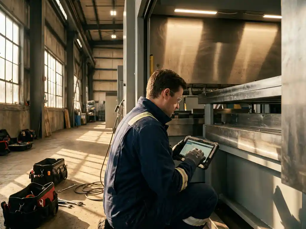 Servicetechniker kniet neben Industriemaschine und prüft Diagnosedaten auf Tablet in heller Fabrikhalle