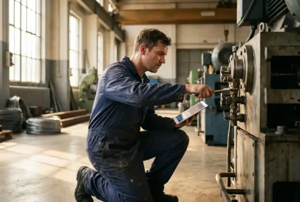 Servicetechniker in Arbeitskleidung kniet neben Industriemaschine und nutzt Tablet zur Wartung in Fabrikhalle