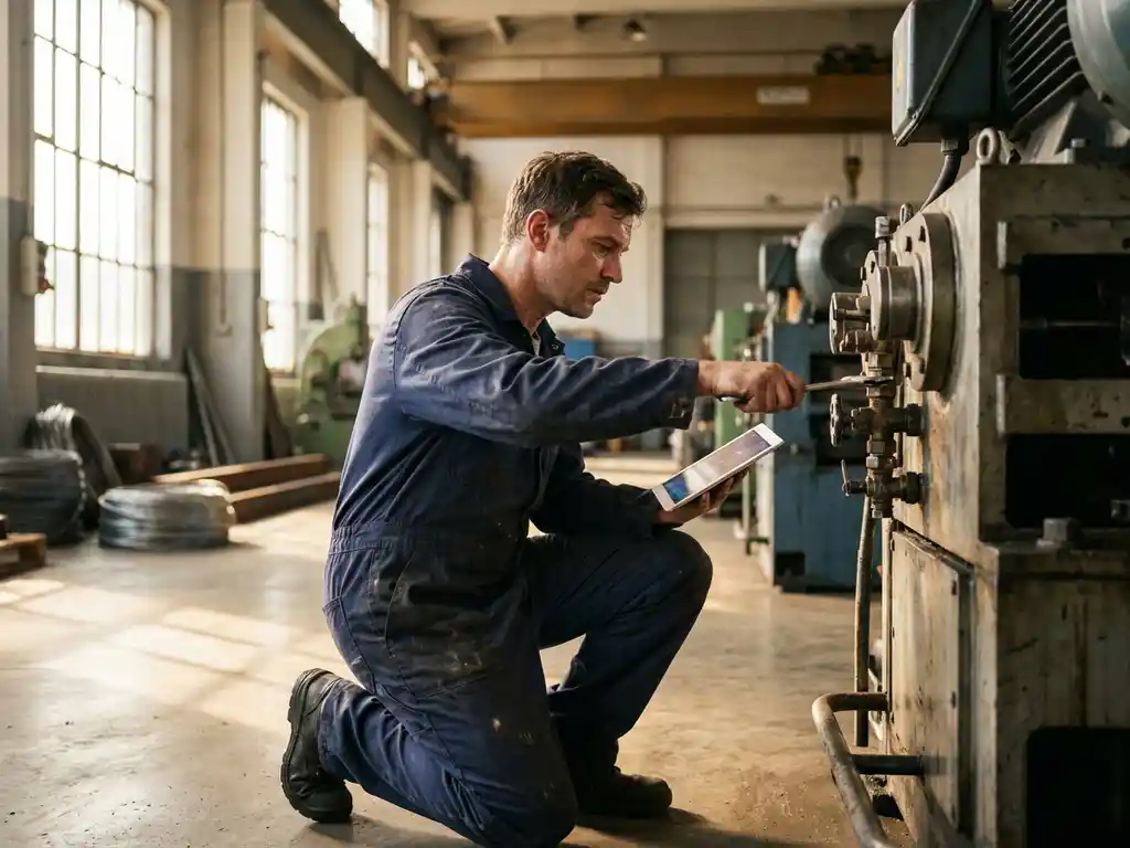 Servicetechniker in Arbeitskleidung kniet neben Industriemaschine und nutzt Tablet zur Wartung in Fabrikhalle
