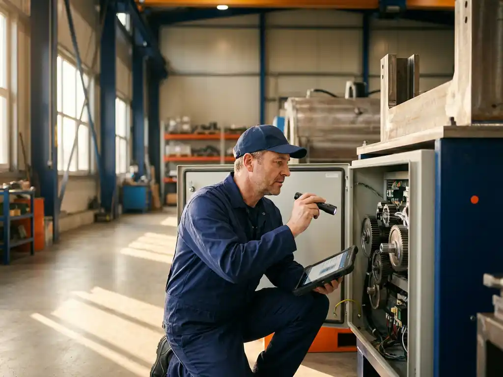 Servicetechniker mit Tablet kniet vor offener Maschinenkonsole in moderner Fabrikhalle mit Tageslicht