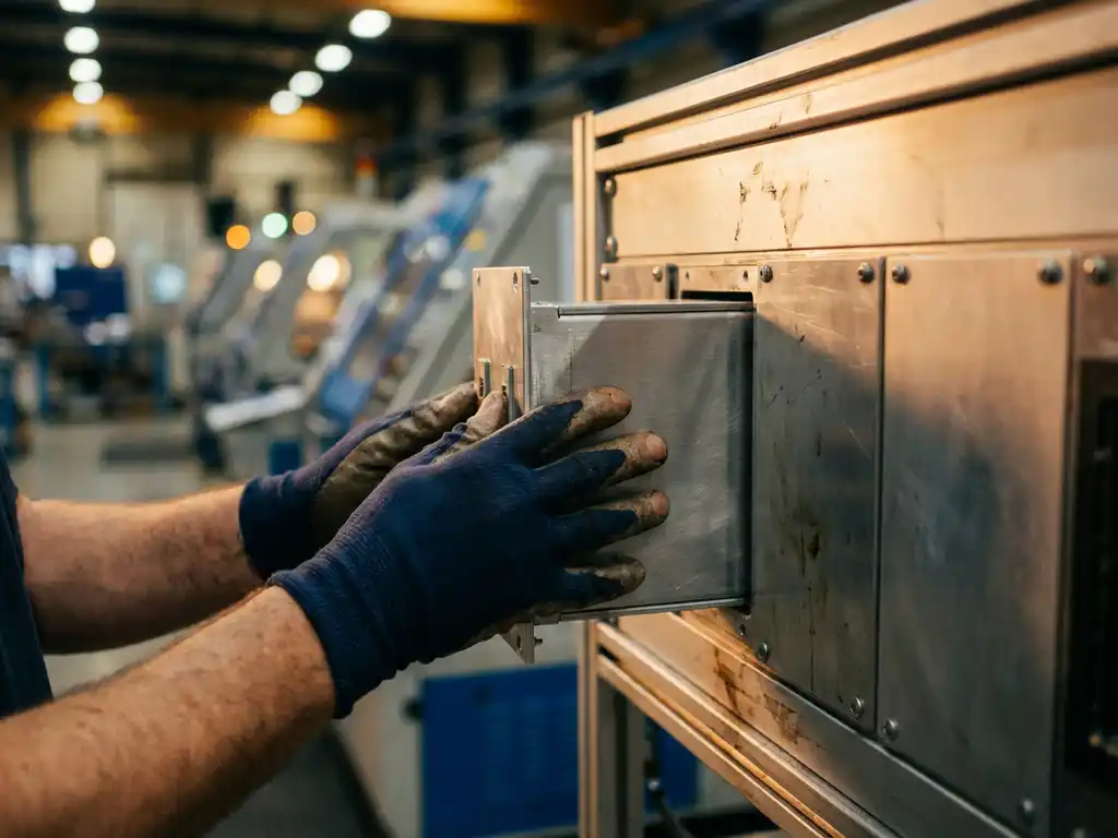 Technikerhand tauscht modulare Steuerungskomponenten an industrieller Schalttafel in deutscher Fertigungshalle aus
