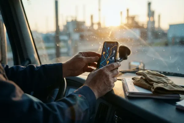 Smartphone mit farbcodierter Routenplanung auf Armaturenbrett neben Arbeitshandschuhen und Serviceplan, Morgenlicht