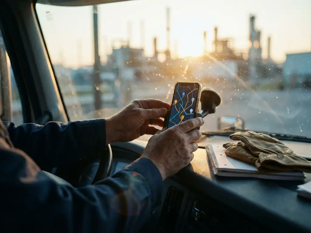 Smartphone mit farbcodierter Routenplanung auf Armaturenbrett neben Arbeitshandschuhen und Serviceplan, Morgenlicht