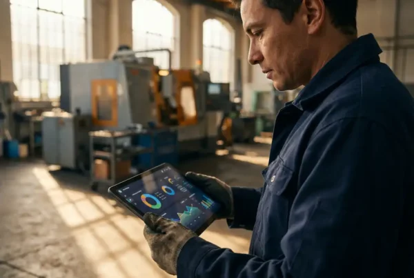 Kleinunternehmer analysiert Service-Dashboards auf Tablet in moderner Werkstatt mit Industriemaschinen im Hintergrund