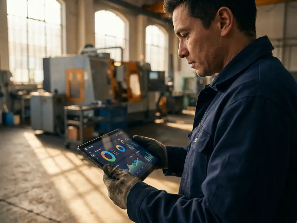 Kleinunternehmer analysiert Service-Dashboards auf Tablet in moderner Werkstatt mit Industriemaschinen im Hintergrund