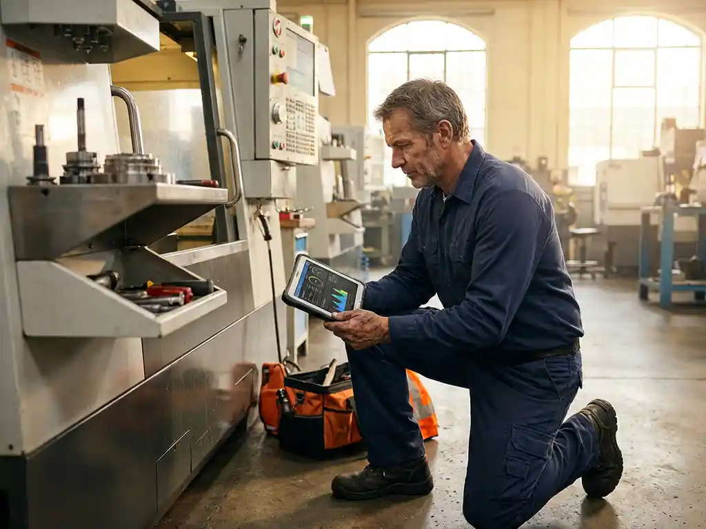 Servicetechniker kniet neben CNC-Maschine mit Tablet zur Diagnose in heller Fabrikhalle
