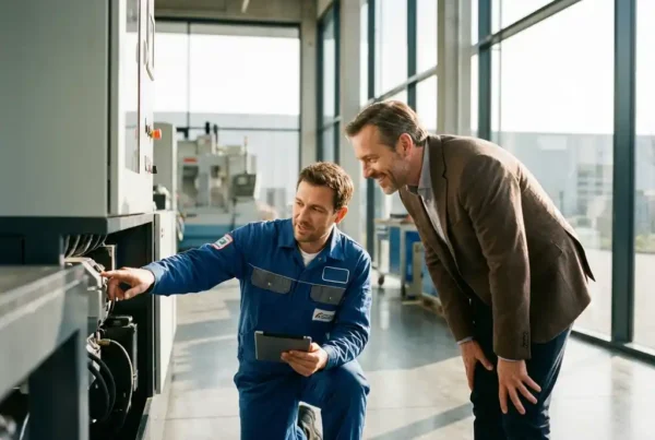 Servicetechniker erklärt Fabrikleiter technische Details neben Industriemaschine in moderner Produktionshalle