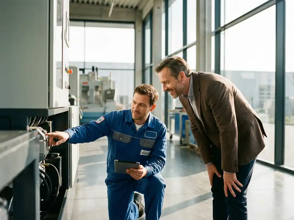 Servicetechniker erklärt Fabrikleiter technische Details neben Industriemaschine in moderner Produktionshalle