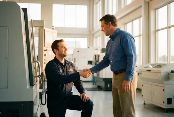 Servicetechniker und Fabrikleiter geben sich die Hand neben einer Industriemaschine in moderner Produktionshalle